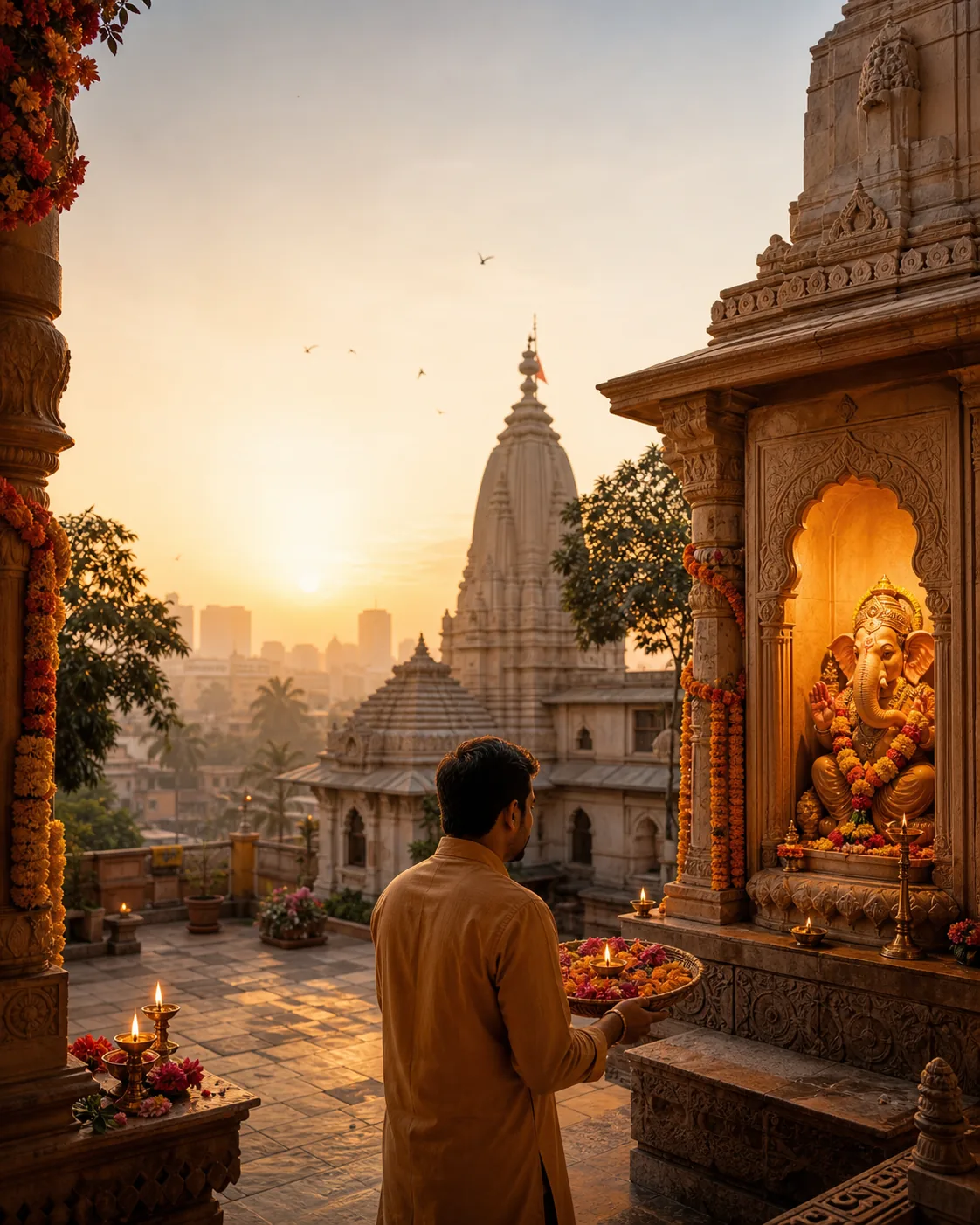 Sevak performing prayer at sunrise