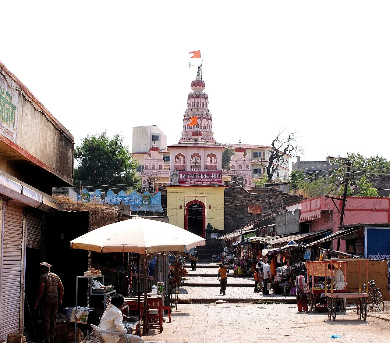 The street and entrance tower of Siddhivinayak Temple in Siddhatek