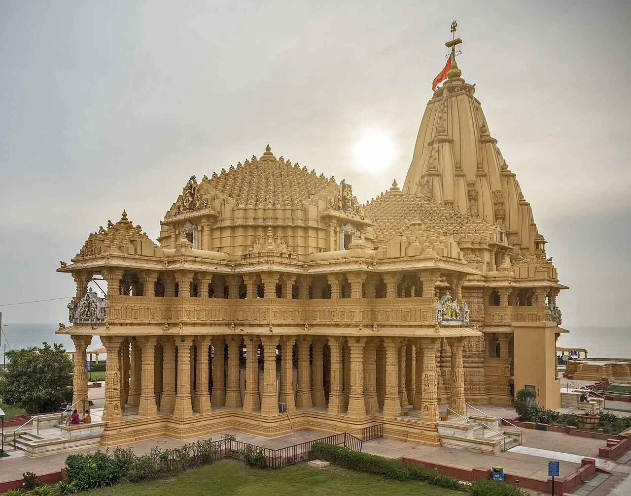 The carved stone facade and main spire of Somnath Temple
